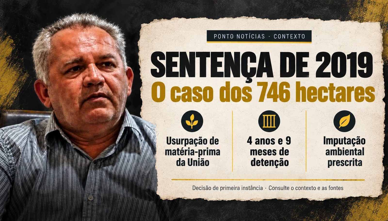 Sentença de 2019: caso dos 746 hectares; usurpação de matéria-prima da União, quatro anos e nove meses de detenção e imputação ambiental prescrita.